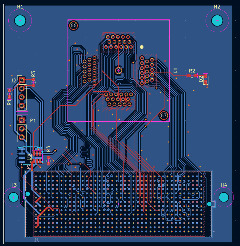 PCB CAD — full board showing FMC+ connector footprint and chip socket
